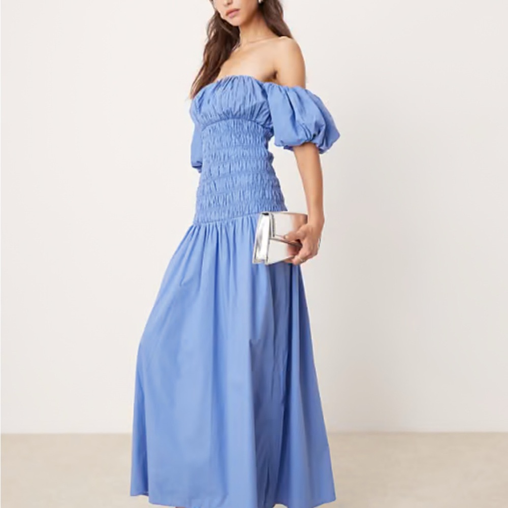 Blue Smocked Off-Shoulder Maxi Dress